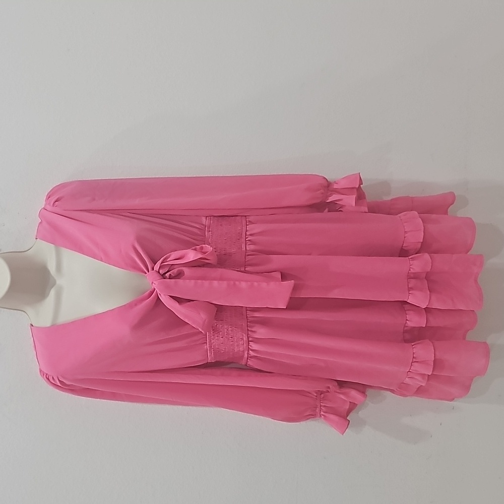 ZESICA Deep V Neck Knot Front Smocked Wiast Mini Dress Size L - Picture 2 of 13